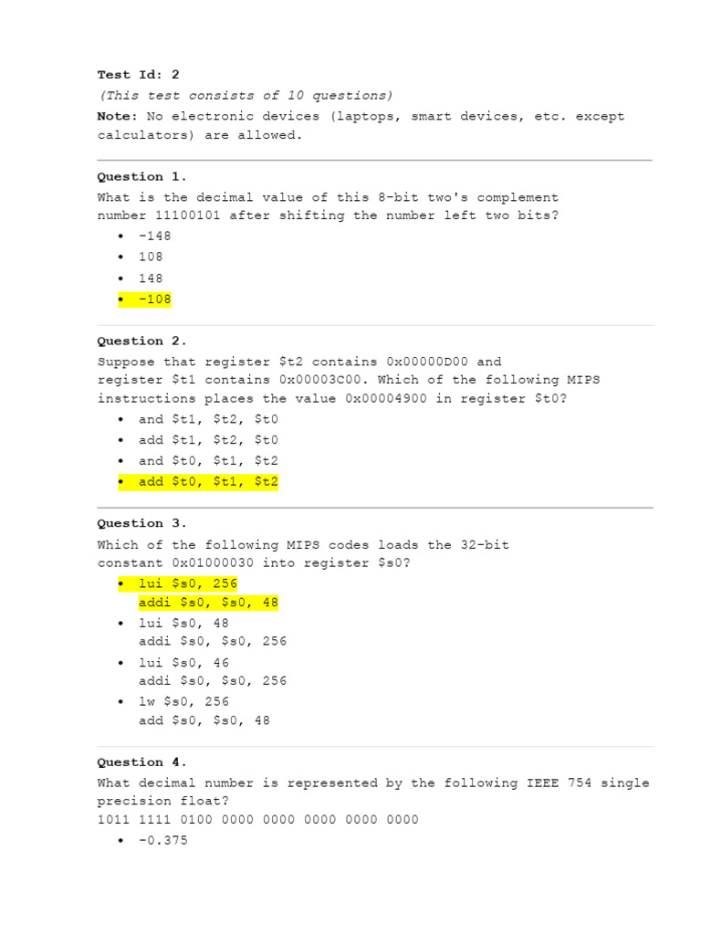 MIPS and Verilog Programming Test Questions | PDF | Office Equipment ...