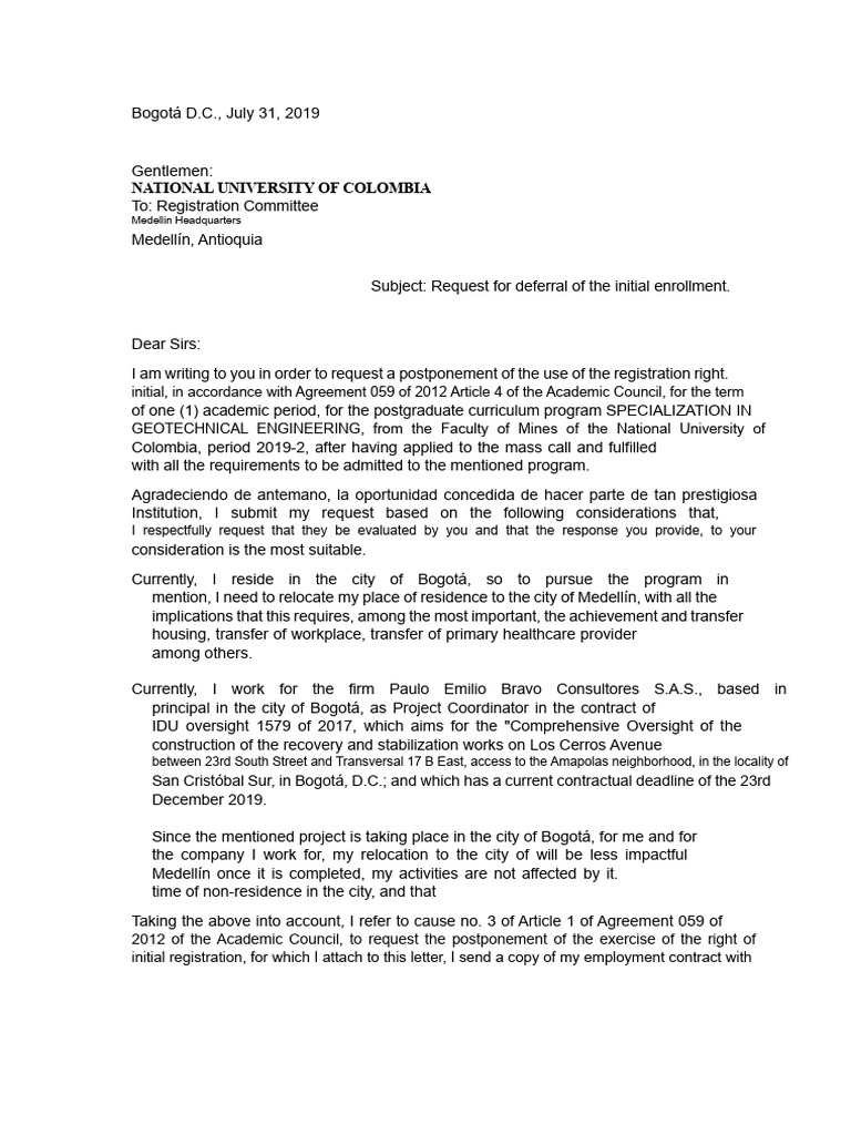 Request Letter For Postponement | PDF