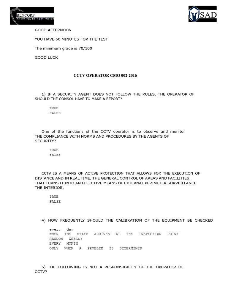 CCTV Operator Test Guidelines and Questions | PDF | Closed Circuit ...