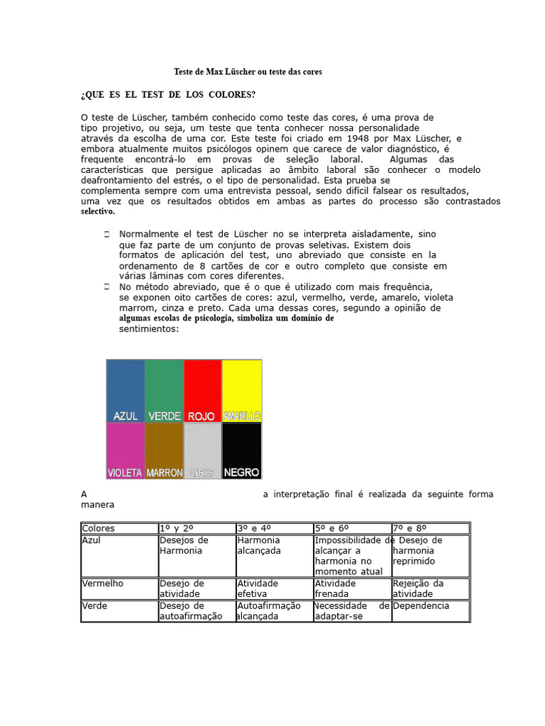 Teste de Lüscher: Análise de Cores | PDF | Cor | Psicologia