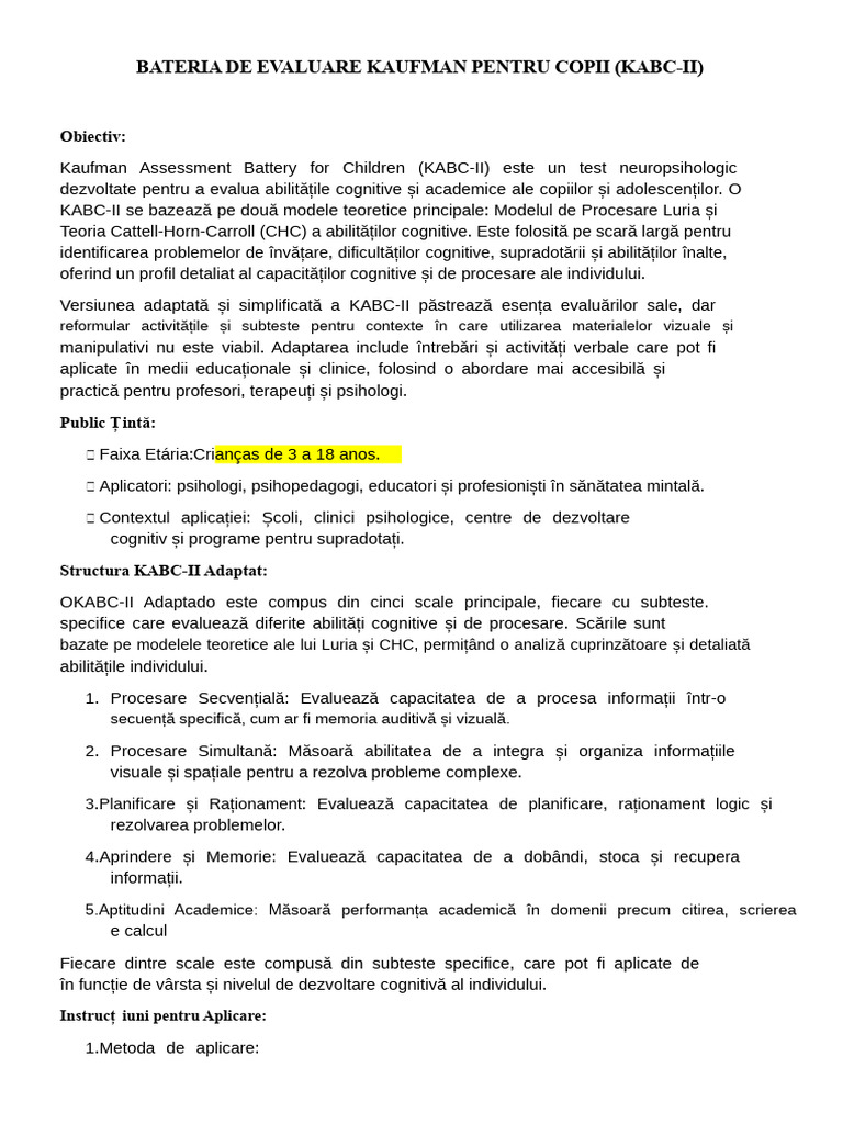 Bateria de Evaluare Kaufman Pentru Copii (Kabc-Ii) | PDF