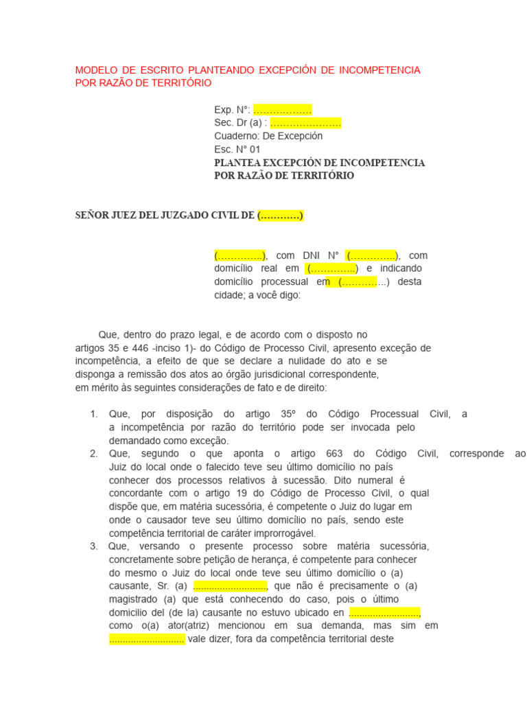 Exceção de Incompetência Territorial | PDF | Processo civil | Jurisdição