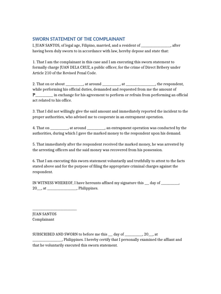 Sworn Statement Complainant Direct Bribery | PDF