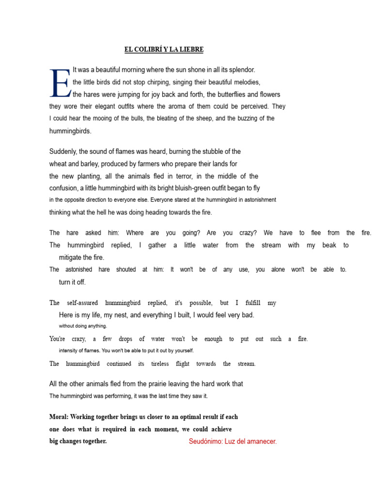The Fable of The Hummingbird and The Hare | PDF