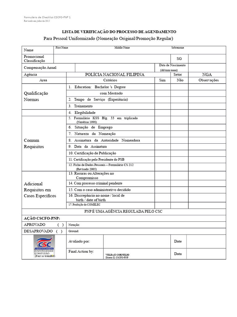 Checklist de Agendamento PNP 2015 | PDF