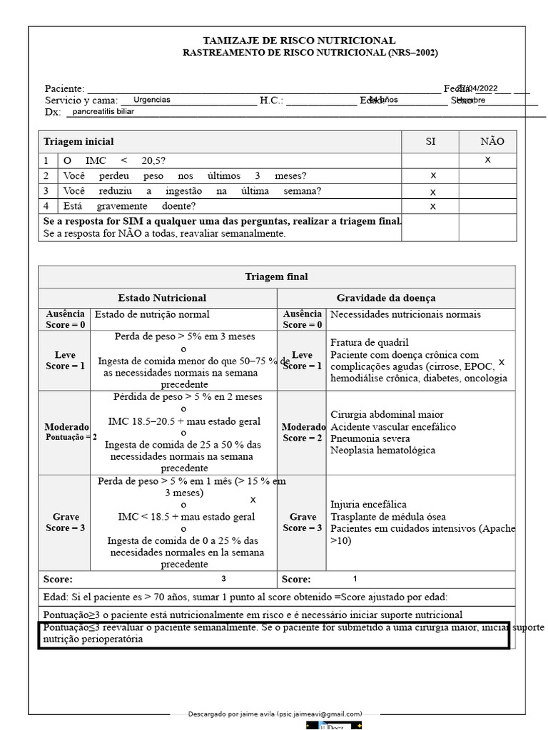 Avaliação de Risco Nutricional NRS-2002 | PDF | Remédio | Medicina Clínica