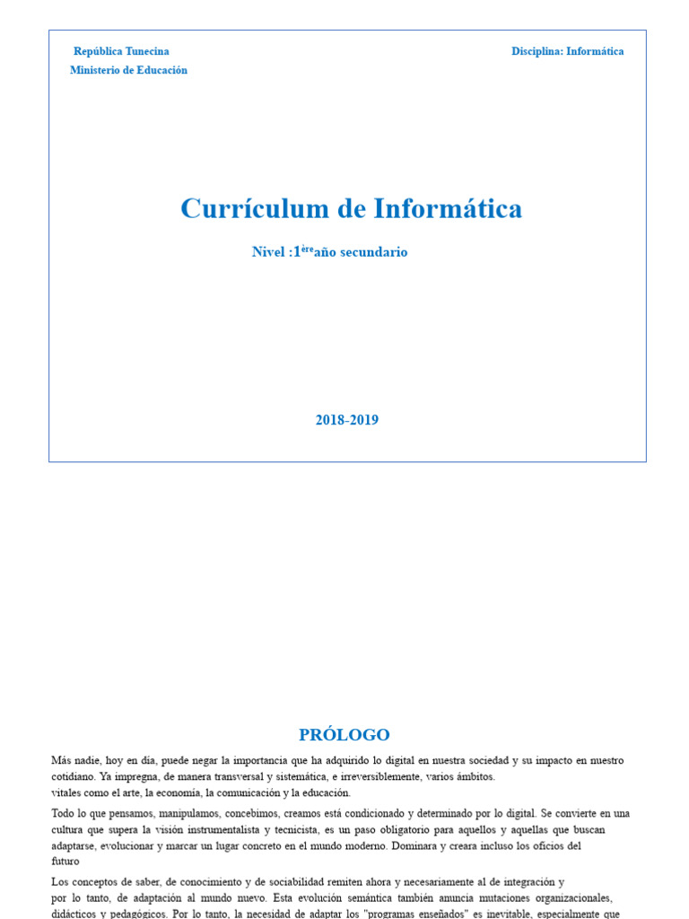 Currículum de Informática - 1er año (1) | PDF | Plan de estudios ...
