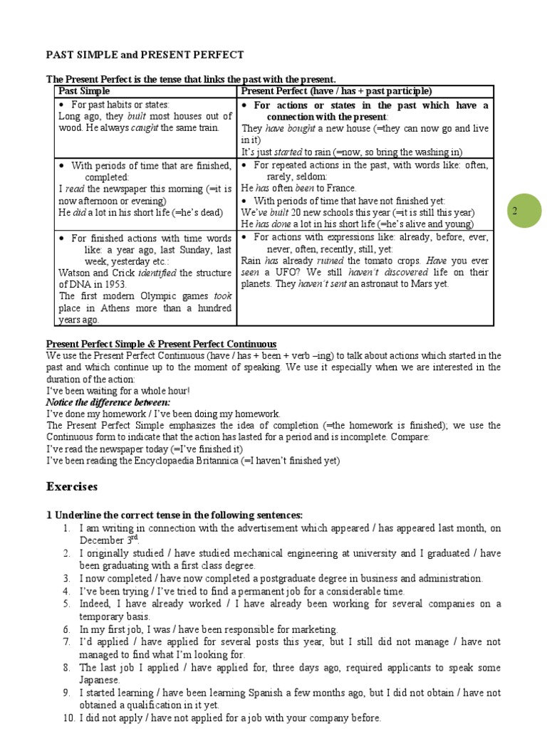 Past Simple vs Present Perfect Guide | PDF | Perfect (Grammar) | Grammar