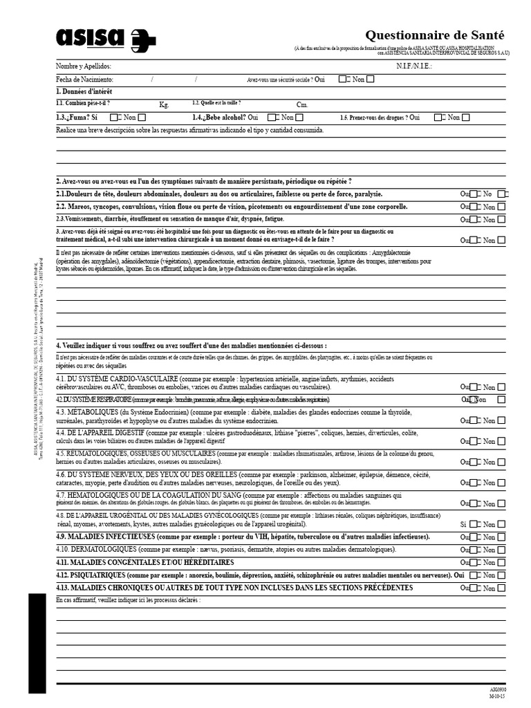 Questionnaire de Santé pour ASISA | PDF | Assurance | Loi