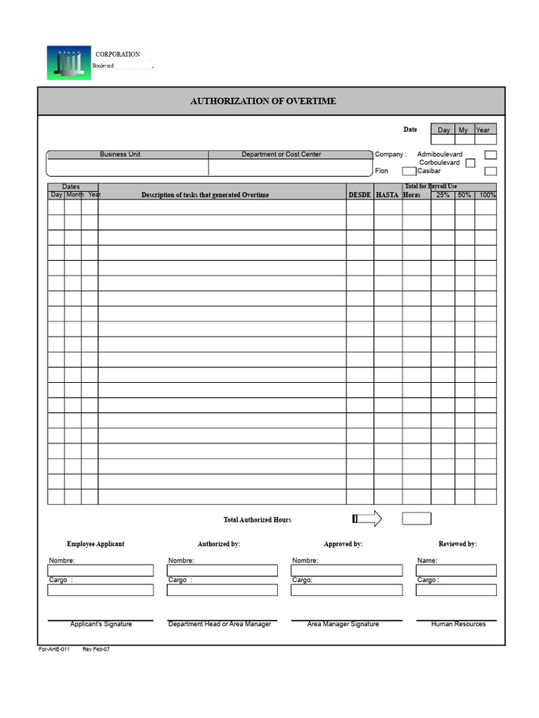 Overtime Authorization Form Template | PDF | Industrial Relations ...