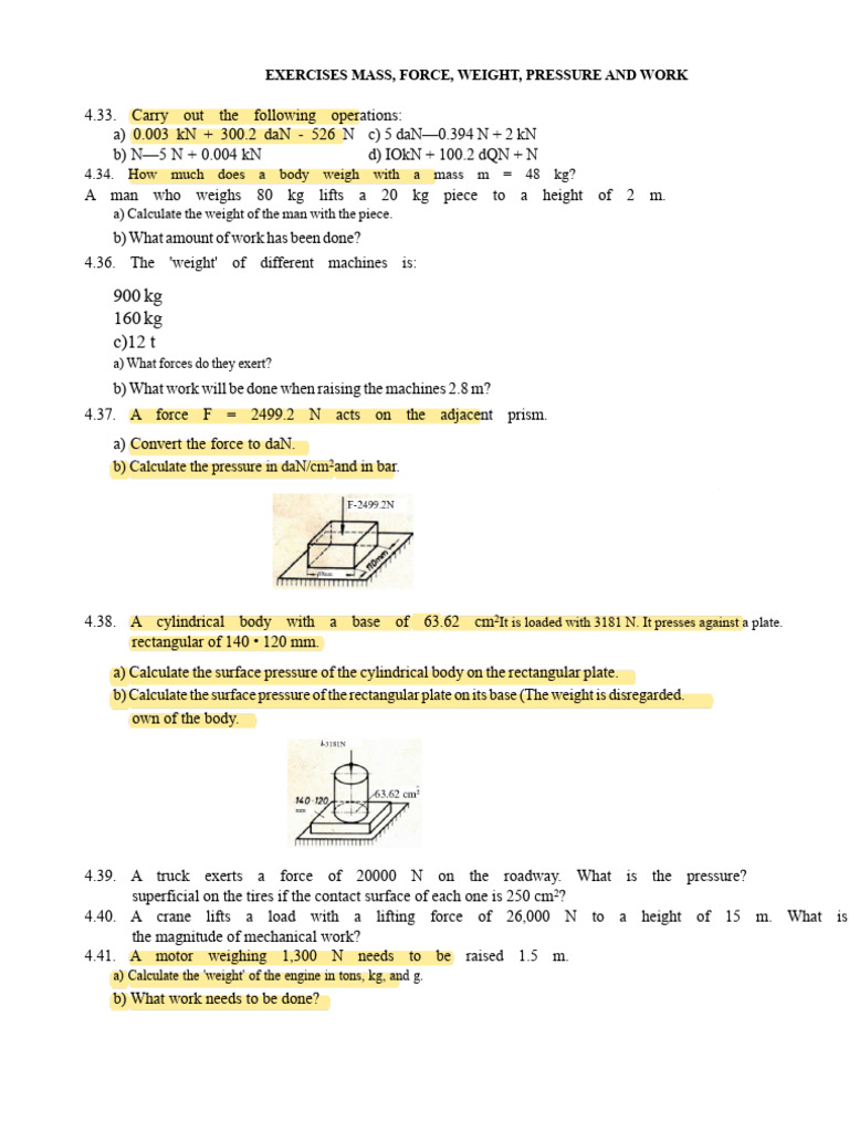 Exercises on Mass, Force, and Work | PDF | Weight | Force