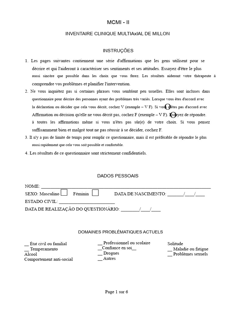 Questionnaire MCMI-II pour évaluation clinique | PDF | Émotions ...