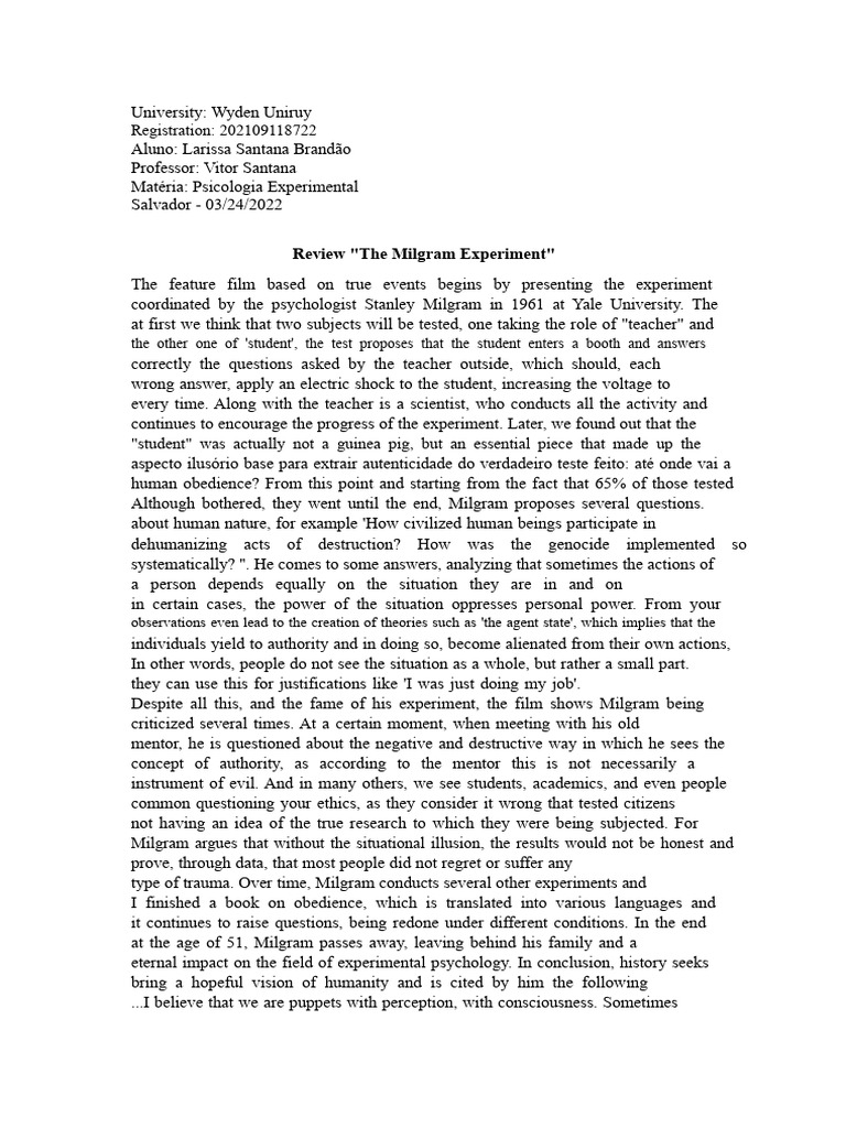 The Milgram experiment | PDF | Experiment | Cognition
