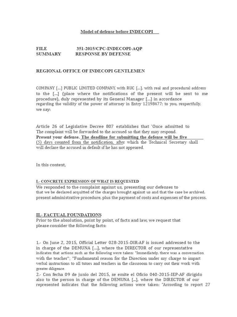 Model of Defense Statement Before INDECOPI Peru | PDF | Complaint | Justice