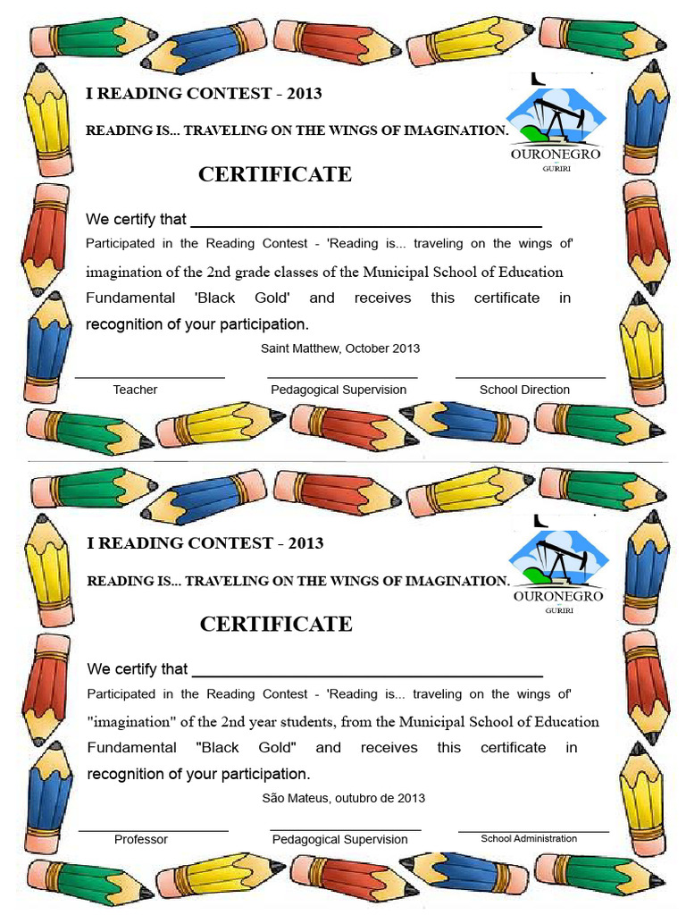 2013 Reading Contest Participation Certificate | PDF