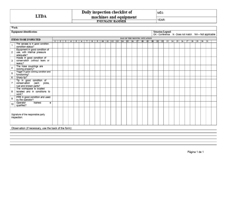 Pneumatic Hammer Daily Inspection Checklist | PDF