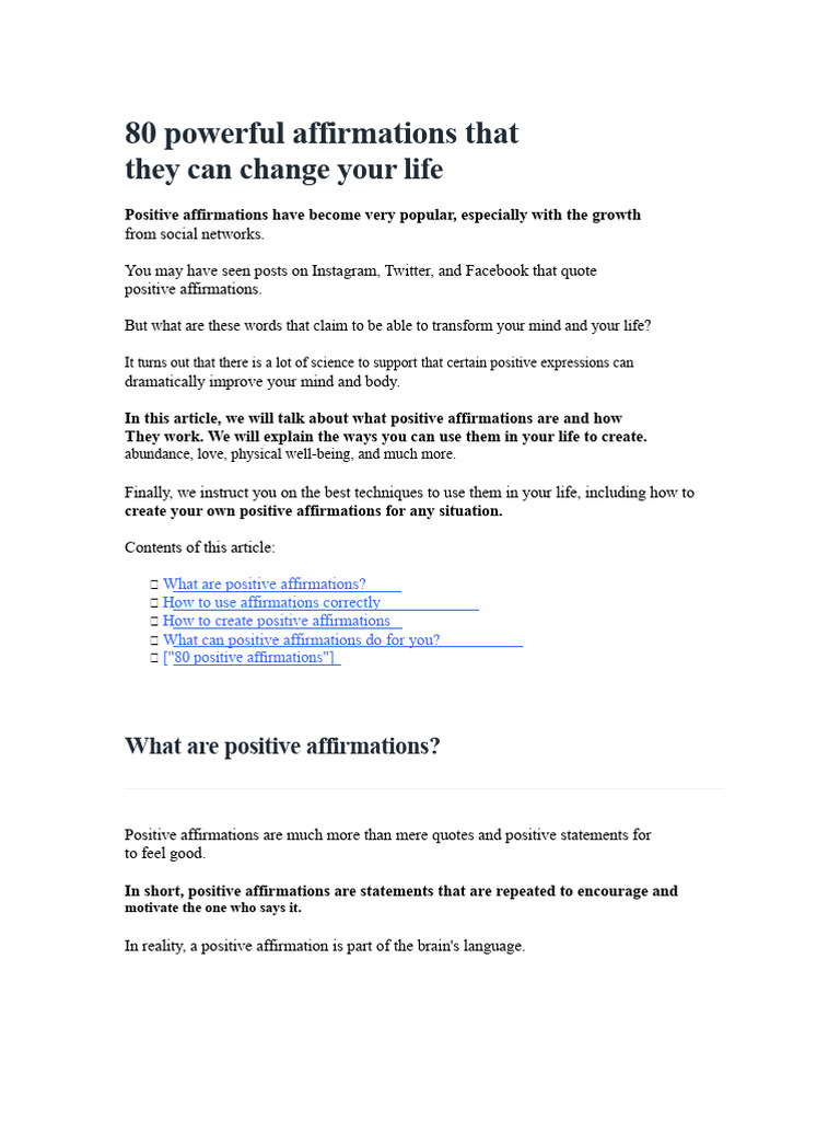 80 Life-Changing Positive Affirmations | PDF | Love | Affirmations (New ...