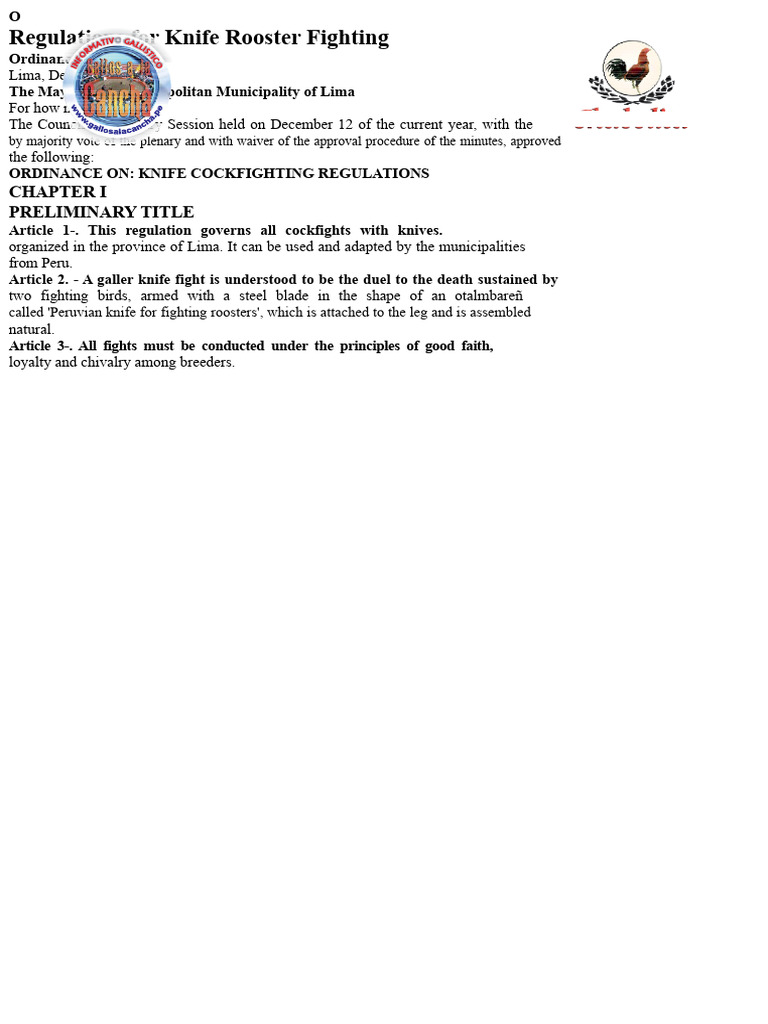 Regulation of Knife Fighting Roosters | PDF | Knife