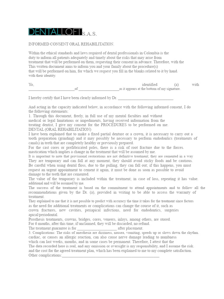 Informed Consent for Dental Rehabilitation | PDF | Informed Consent ...
