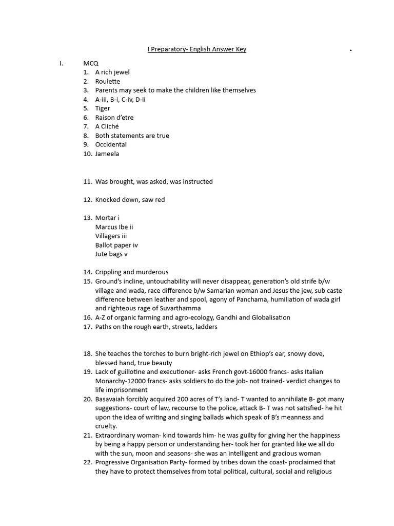 I PREP English answer key- II PUC | PDF
