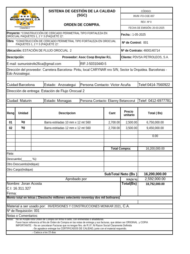 007 Orden de Compra | PDF | Gestión de la calidad | Economias
