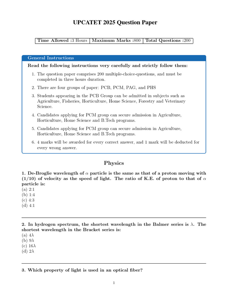 UPCATET 2025 Exam Question Paper | PDF | Chemical Elements | Force