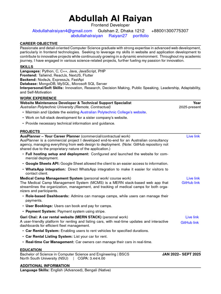 Abdullah Al Raiyan - Frontend Developer Resume | PDF | Websites | Web ...