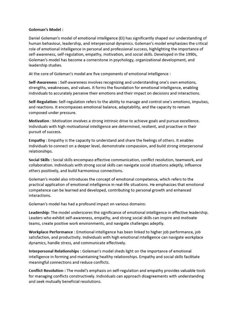 Goleman's Model in Emotional Intelligence | PDF | Emotional ...
