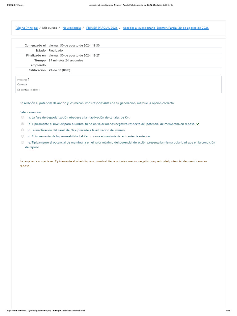 Examen Parcial Neurociencia 2024 | PDF | Sinapsis | Potencial de acción