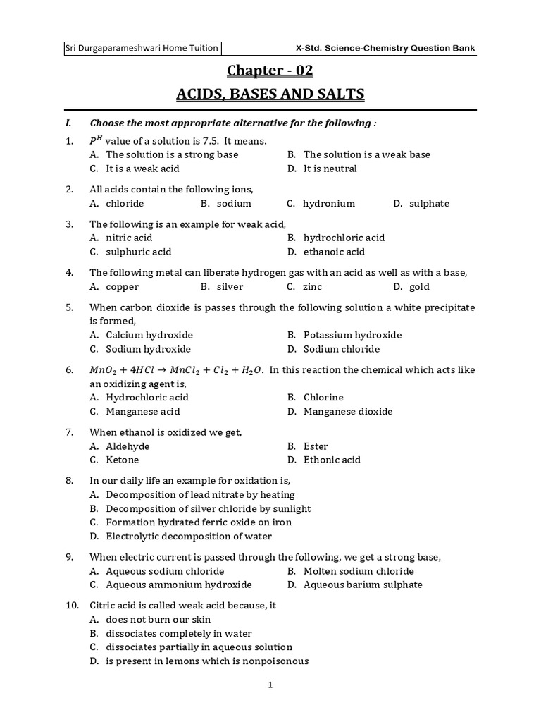 Question Bank Chapter-2 Acids, Bases and Salts | PDF | Acid | Hydroxide