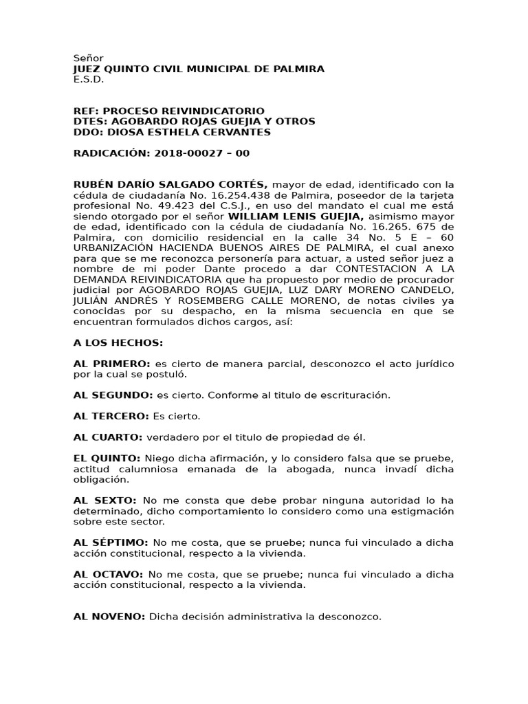 Contestación a Proceso Reivindicatorio | PDF | Posesión (Ley) | Propiedad