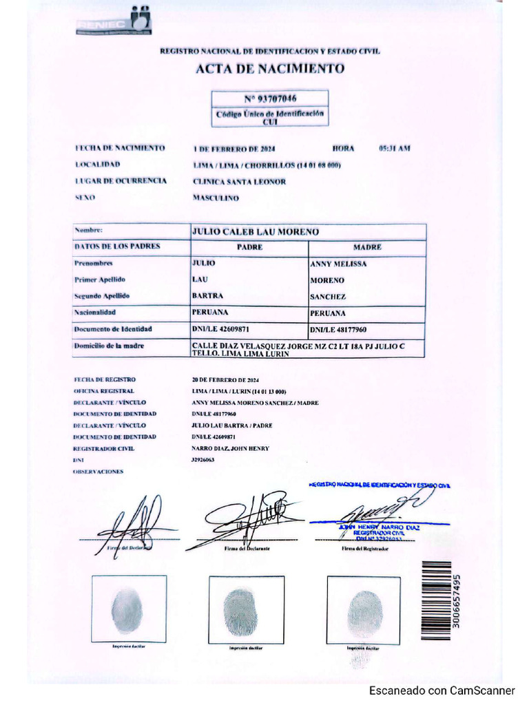 Acta de Nac Julio Lau Moreno Avion | PDF