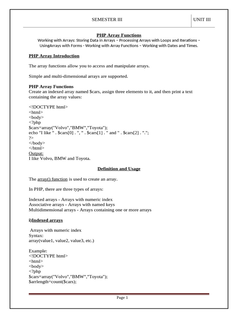 PHP Array and Date Functions Guide | PDF | Php | Parameter (Computer ...