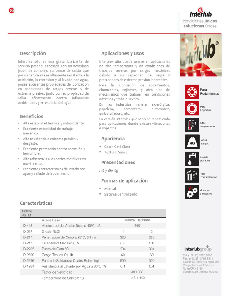 Grasa Interplex 460: Alta Temperatura y Resistencia | PDF | Rodamiento ...