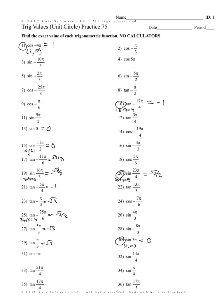 IM3 Ch8 Trig Values Unit Circle Practice75 | PDF