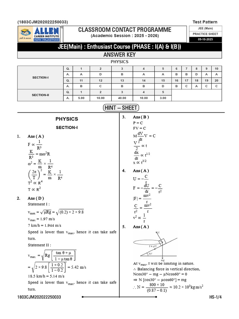 JEE Main Physics Practice Sheet 2025 | PDF | Physical Phenomena ...