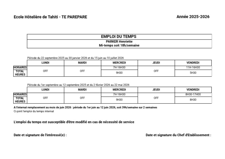 Emploi du temps 2025-2026 Parker Henriette | PDF
