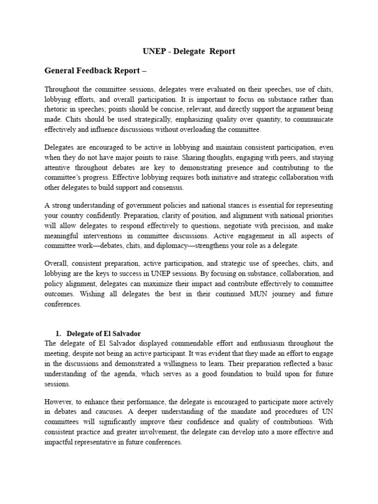 UNEP Delegate Performance Feedback Report | PDF | Diplomacy | Negotiation
