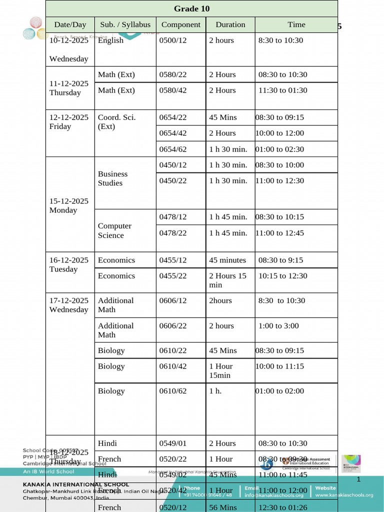 IGCSE Grade 10 Exam Schedule 2025 | PDF