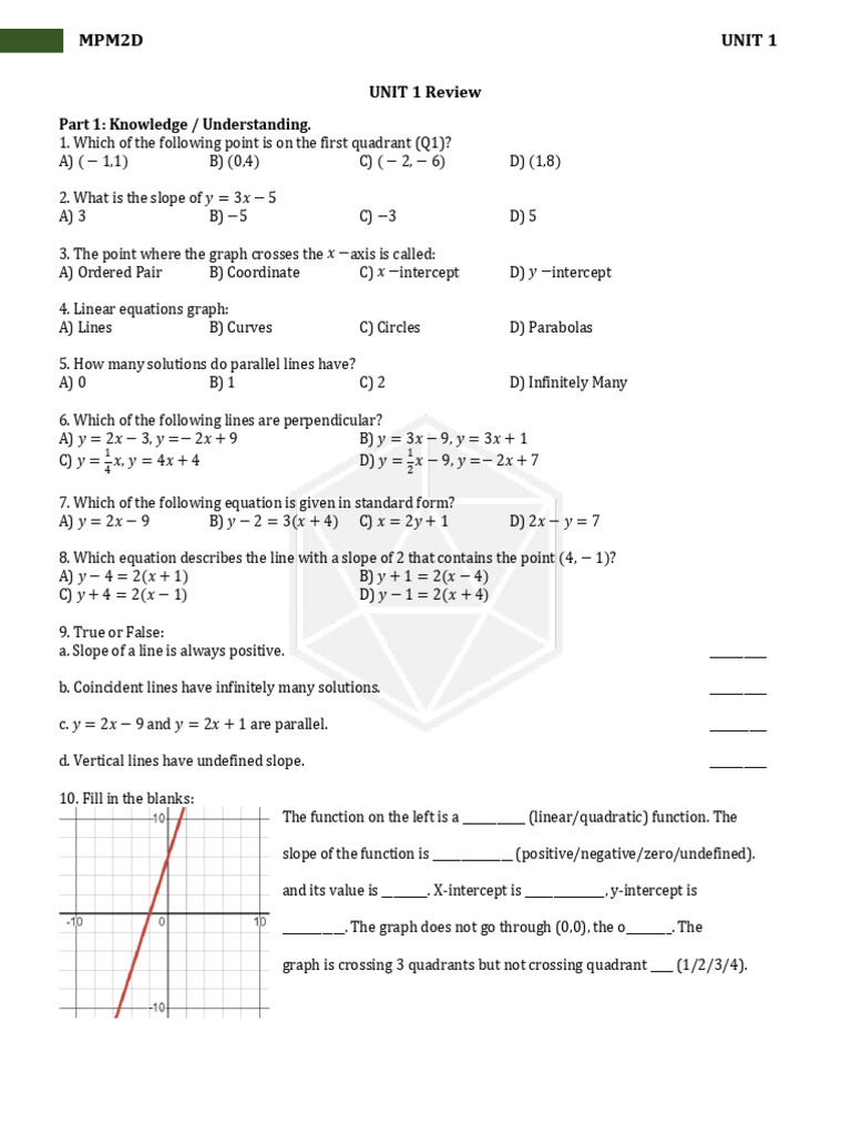 MPM2D Unit 1 Review: Linear Equations | PDF | Slope | Equations