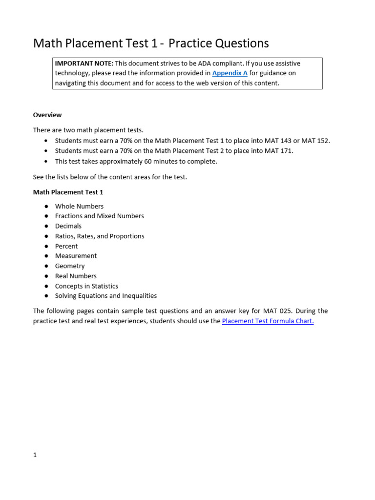 Math Placement Test 1 Practice Questions | PDF | Polynomial | Numbers