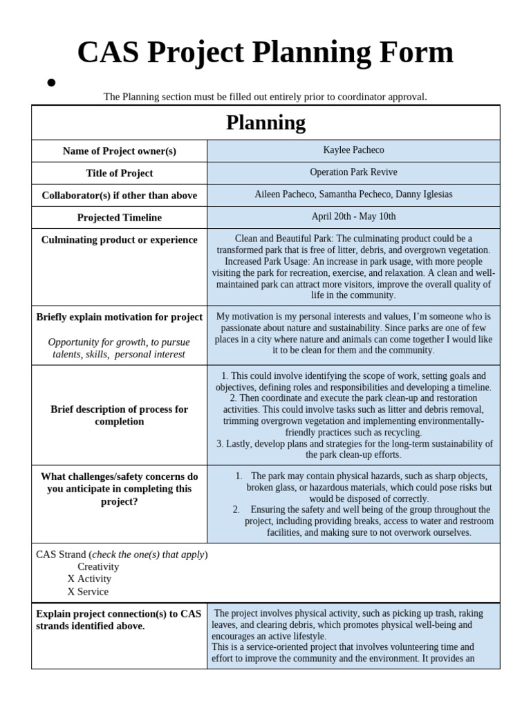 CAS Project Planning Form | PDF | Waste