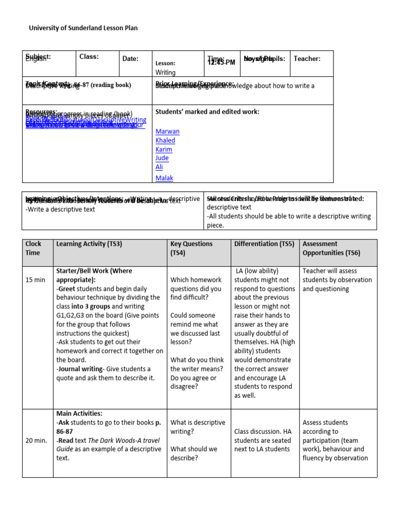 Descriptive Writing Lesson Plan | PDF | Lesson Plan | Teaching
