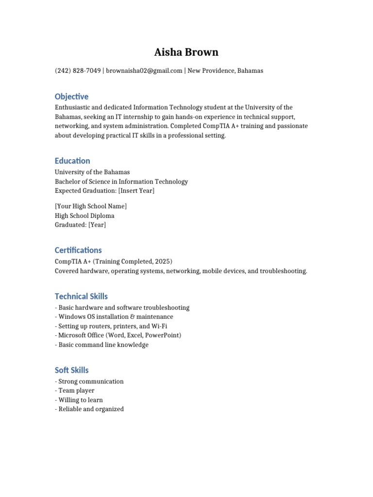 IT Intern Resume of Aisha Brown | PDF