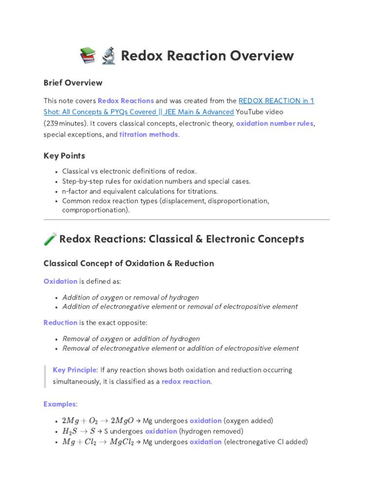 Redox Reactions: Concepts & Calculations | PDF | Chemistry | Titration