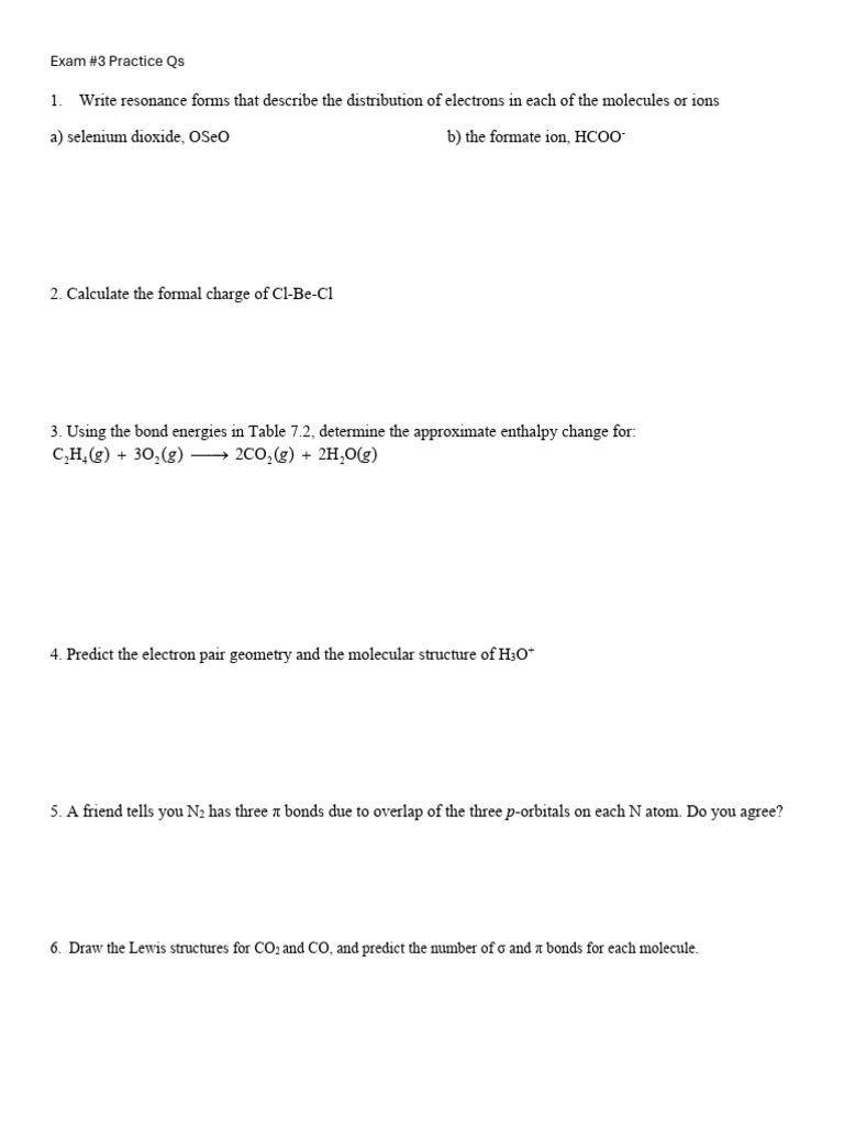 Chemistry Exam #3 Practice Questions | PDF | Gases | Molecules