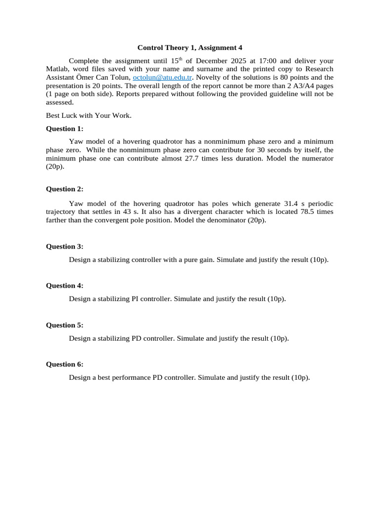 Control Theory Assignment: Quadrotor Modeling | PDF