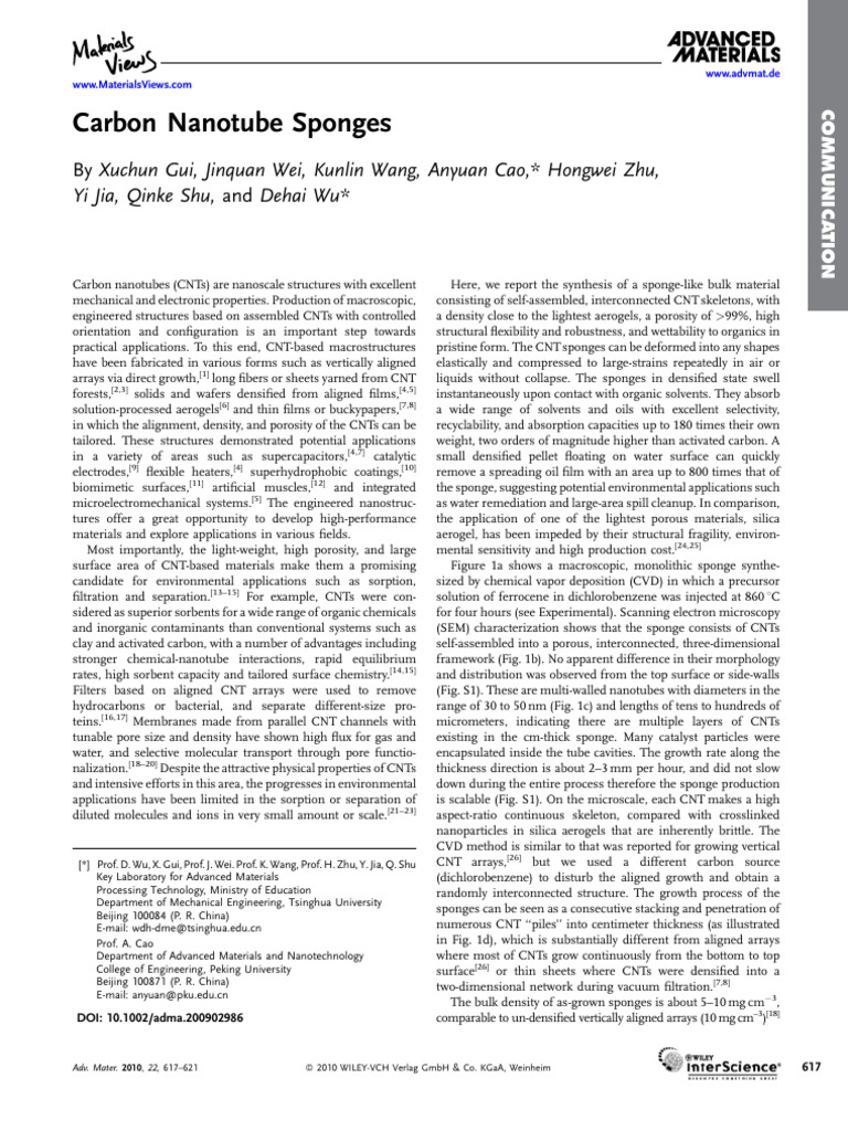 Carbon Nanotube Sponges for Environmental Cleanup | PDF | Carbon ...