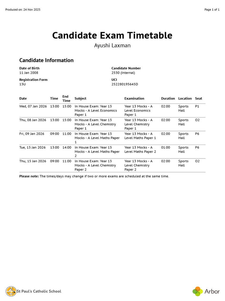 Year 13 A Level Mock Exam Timetable | PDF