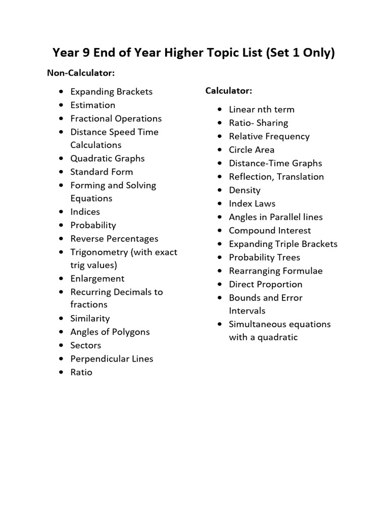 (Set 1 Only) Year 9 End of Year Higher Topic List | PDF